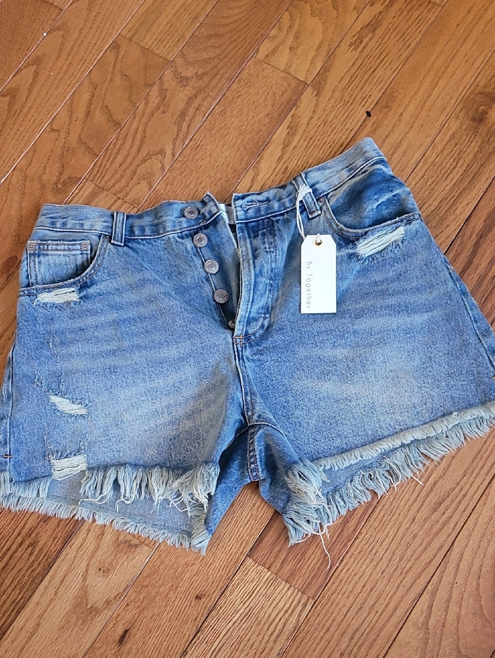 By Together Women’s High-Rise Distressed Denim Shorts - Light Blue